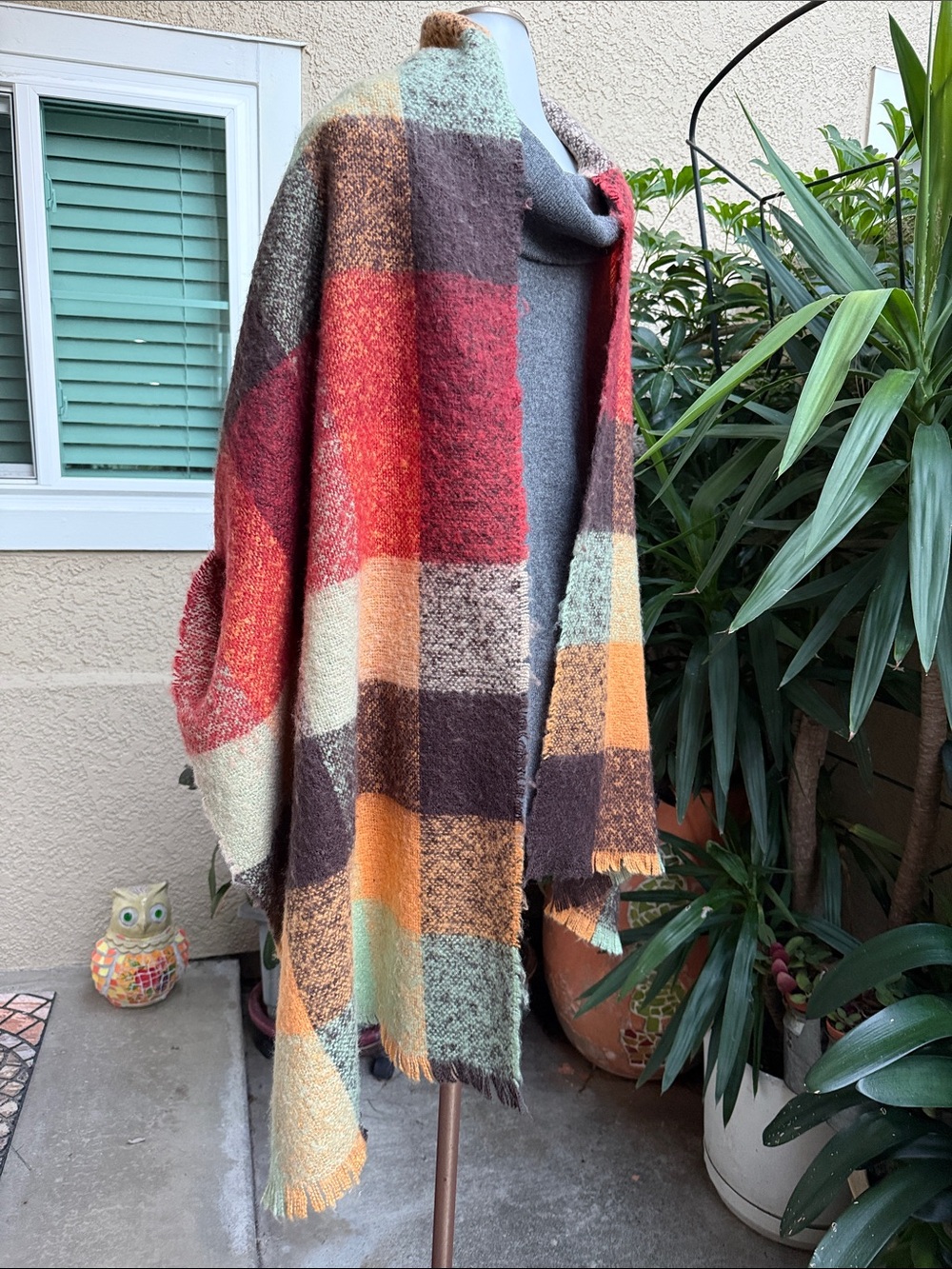 Cozy Vintage Multicolor Plaid Blanket Viscous Scarf - Rust, Mint & Brown